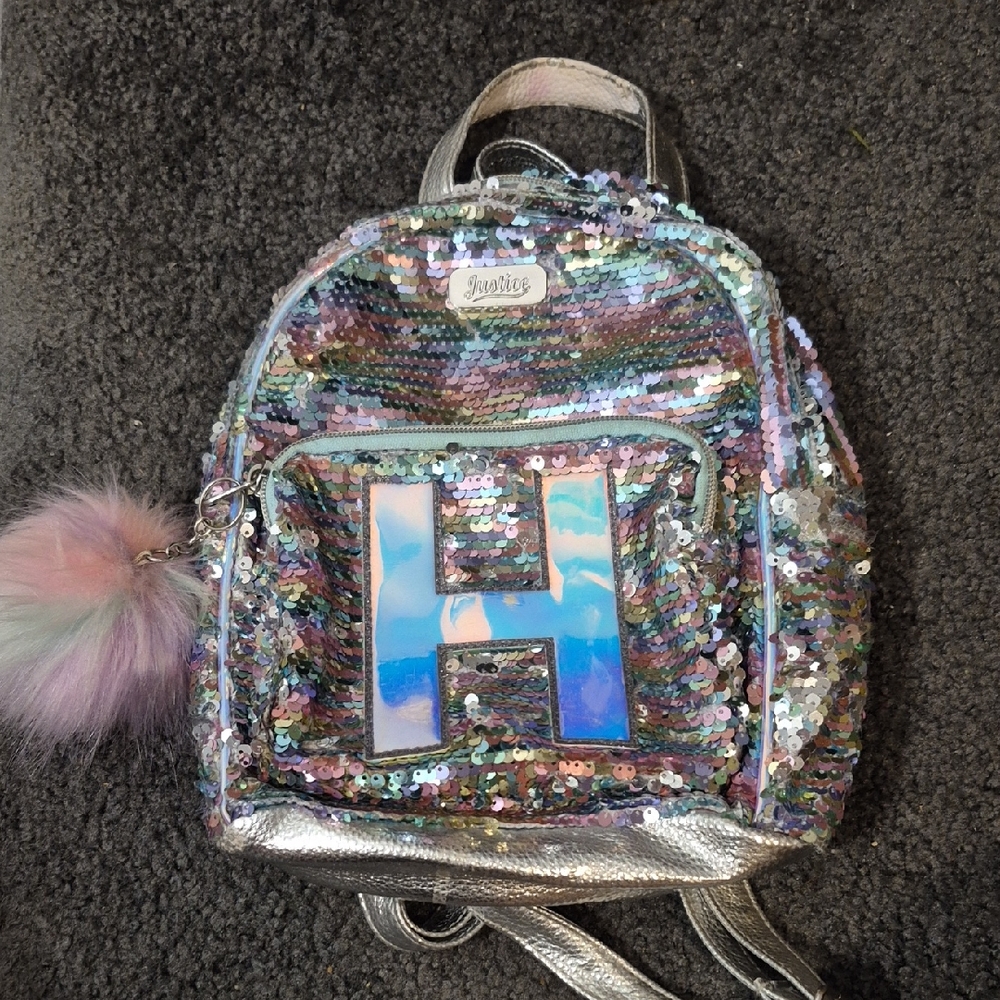 Justice Holographic Sequin Backpack with Pom-Pom